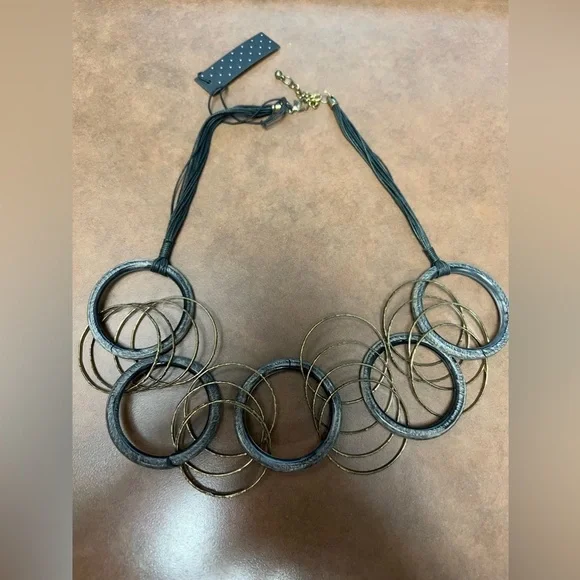 Black and Gold Hoop Necklace with earrings-Contemporary, statement piece - Picture 4 of 9